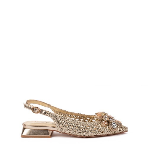 Alma En Pena Дамски златни обувки с брошка